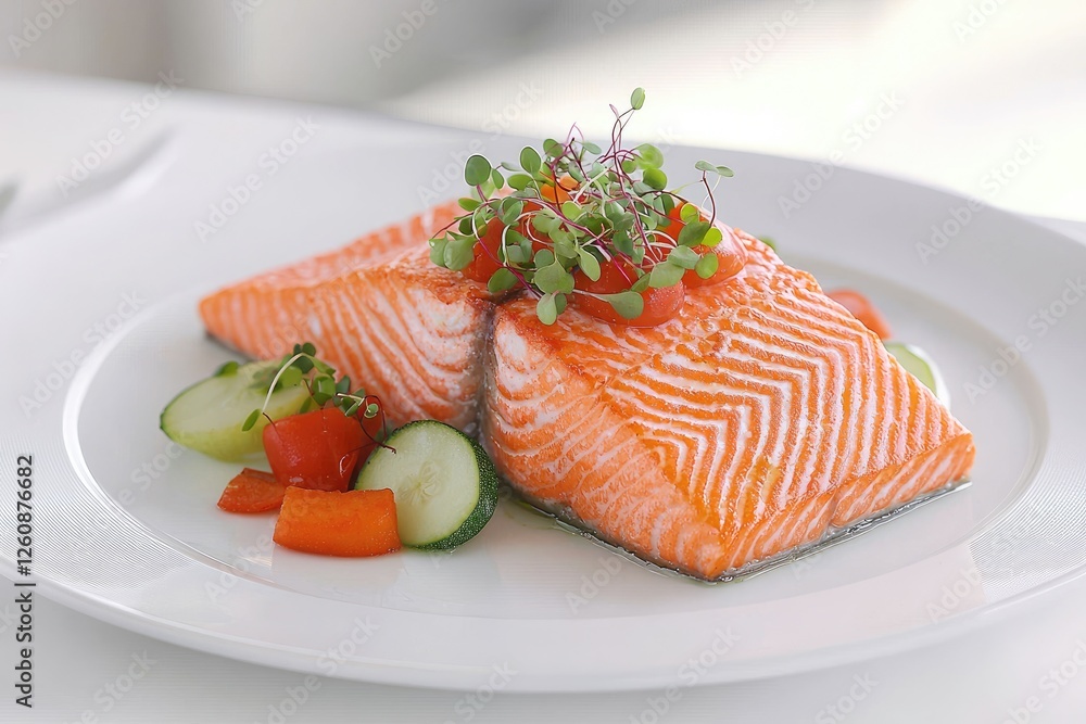 A beautifully plated salmon dish garnished with herbs and served with fresh vegetables on a white plate. A beautifully plated salmon dish garnished with herbs and served with fresh vegetables on a white plate.