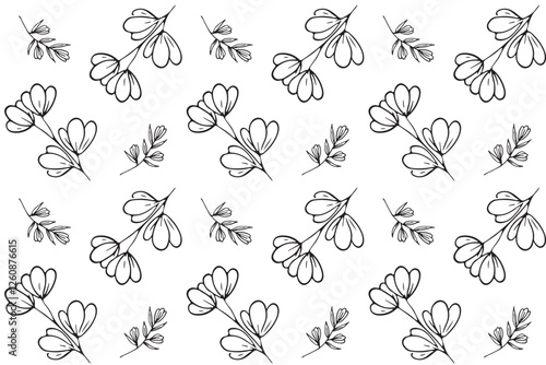 Seamless hand-drawn pattern with flowers and twigs in doodle style on white background. Vintage floral pattern with botanical elements for postcards, wrapping papper, textile. Vector illustration. 