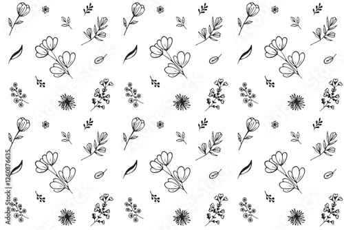 Seamless hand-drawn pattern with flowers and twigs in doodle style on white background.Vintage floral pattern with botanical elements for postcards, wrapping papper, textile.Vector illustration. 