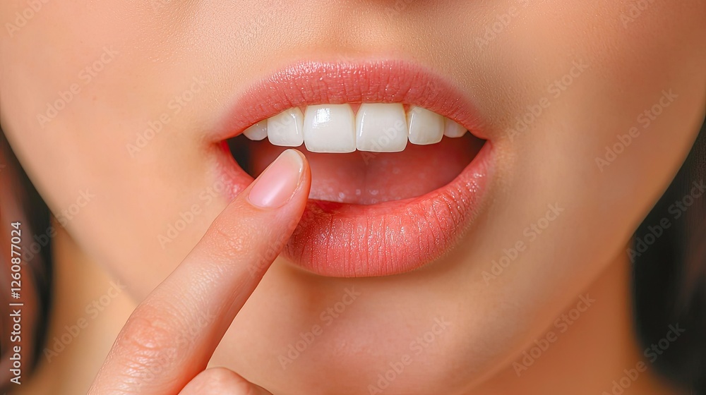 Obraz premium A close-up of a woman's mouth, with finger gently touching her lips, showcasing healthy teeth and soft, pink lips.