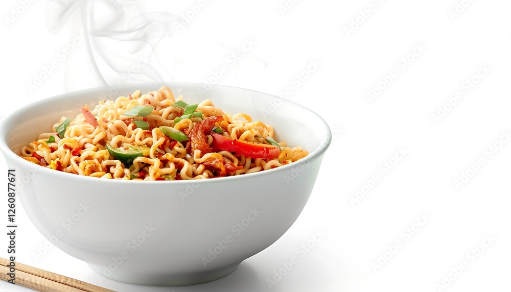 Instant noodles with vegetables and spices in a bowl on a white background Instant noodles with vegetables and spices in a bowl on a white background