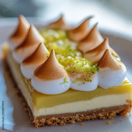 Exquisite lemon meringue dessert with lime zest and perfectly toasted peaks on a cookie base photo