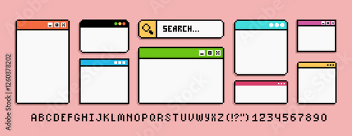 PC interface window sign in 90s pixel art style. Retro video game in 8-bit style Search bar. PC window, Desktop. Vector Pixel graphics on pink background