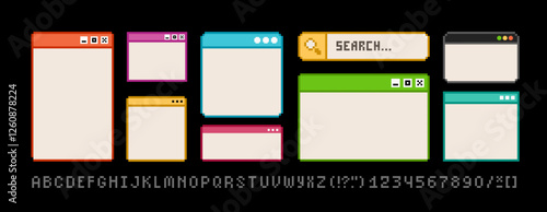 PC user interface window sign in 90s pixel art style. Retro video game in 8-bit style  PC window, Desktop, Search bar. Vector Pixel graphics on black background