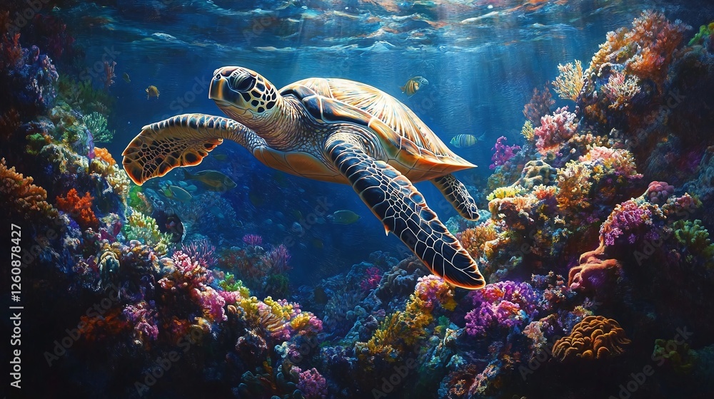 Fototapeta premium sea turtle gracefully exploring a coral reef in the ocean, surrounded by marine wildlife, vibrant tropical fish, and a thriving underwater ecosystem full of life