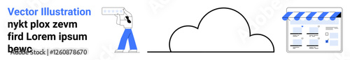 Figure pointing at text, large central cloud symbol, shopfront interface on right with blue details. Ideal for cloud services, e-commerce, online stores, web hosting, business solutions, marketing