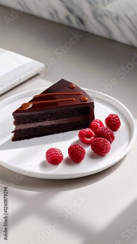 A chocolate cake slice with a glossy ganache topping, fresh raspberries, and a caramel sauce on a white plate, vertical