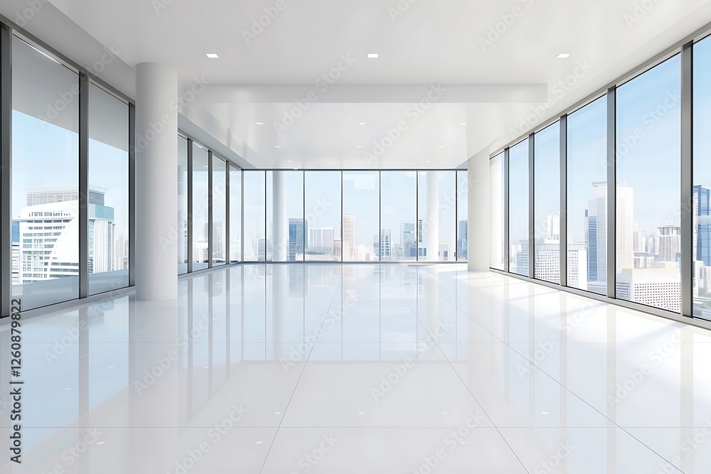 Fototapeta premium interior of modern office building with panoramic windows and city view