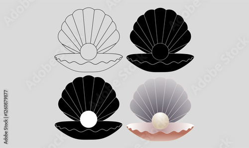Elegant vector illustration of a pearl inside an open seashell. Includes outline, solid, and realistic versions. Perfect for jewelry, ocean, and luxury themes