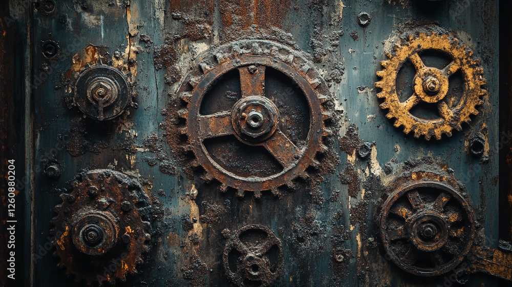 Rusty gears and cogs creating an industrial aesthetic in a vintage machinery setting Rusty gears and cogs creating an industrial aesthetic in a vintage machinery setting