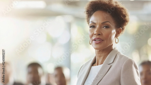 Black mature woman speaking at public event with audience in background