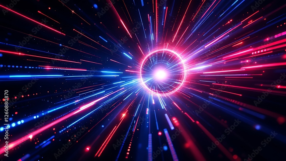 Naklejka premium 5G technology wireless data transmission, high-speed internet. Information flow in abstract cyberspace. 3d illustration of big data digital funnel