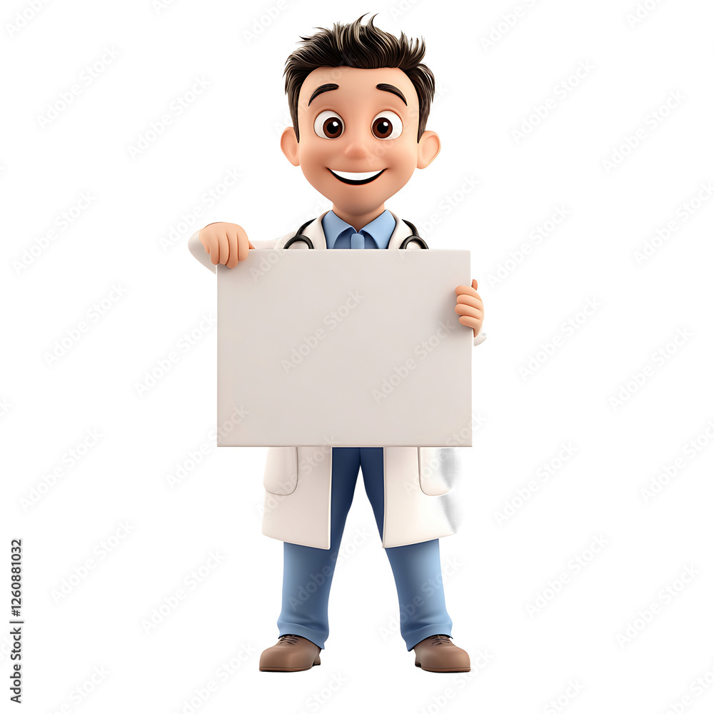 Smiling Doctor Holding Blank Sign: A friendly cartoon doctor in a white coat with a stethoscope smiles warmly as he holds up a blank sign, ready to convey a message of health, care, and well-being. Smiling Doctor Holding Blank Sign: A friendly cartoon doctor in a white coat with a stethoscope smiles warmly as he holds up a blank sign, ready to convey a message of health, care, and well-being.