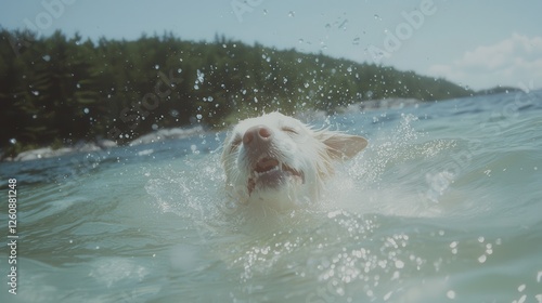 Dog splashing in water beach action summer day low angle joyful moment photo