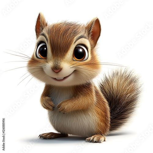 Adorable cartoon chipmunk posing, white background, children's book illustration