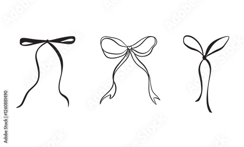 Vector set illustration of bows in trendy style for invitations to wedding, party, hair, postcard. Linear style, cartoon, doodle