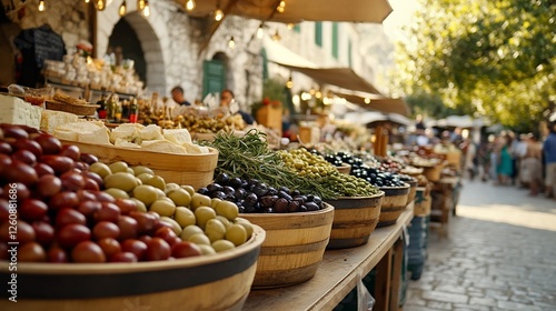 Olives, cheese, market, stone street, sunny day, food, travel, tourism