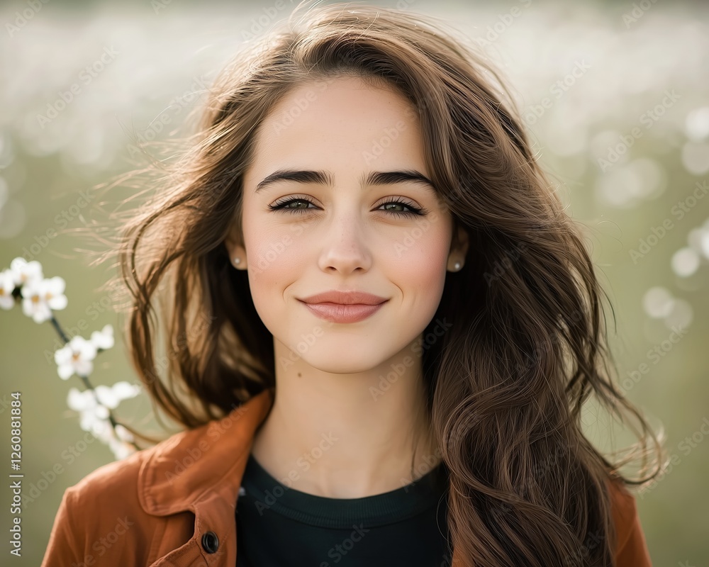 A young woman with long brown hair smiling softly in a field of flowers. A young woman with long brown hair smiling softly in a field of flowers.