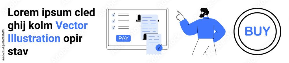 Man pointing to a digital invoice screen with a payment option and a BUY button. Ideal for e-commerce, cashless transactions, fintech, digital business, online shopping, financial services, abstract Man pointing to a digital invoice screen with a payment option and a BUY button. Ideal for e-commerce, cashless transactions, fintech, digital business, online shopping, financial services, abstract