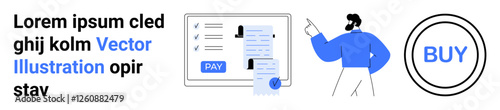 Man pointing to a digital invoice screen with a payment option and a BUY button. Ideal for e-commerce, cashless transactions, fintech, digital business, online shopping, financial services, abstract