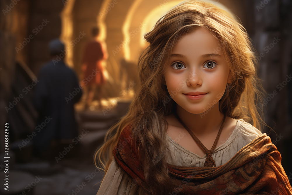 Portrait of a Young Medieval Girl in Traditional Clothing, Capturing the Essence of the Middle Ages with a Historical and Noble Atmosphere, Depicting a Child in Period Costume. Historic. Book. Portrait of a Young Medieval Girl in Traditional Clothing, Capturing the Essence of the Middle Ages with a Historical and Noble Atmosphere, Depicting a Child in Period Costume. Historic. Book.