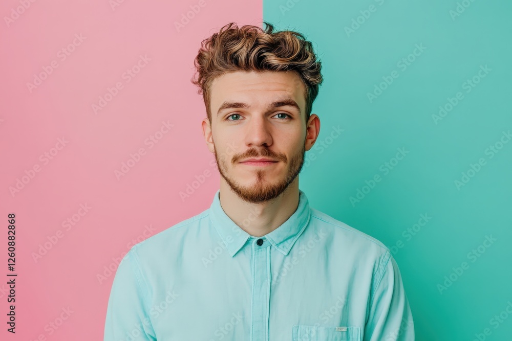 Stylish Young Man with Curly Hair Posing Against a Colorful Background Stylish Young Man with Curly Hair Posing Against a Colorful Background