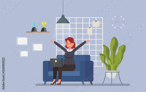 Woman wear dark blue shirt, working from home in a cozy office setting character vector illustration design.
