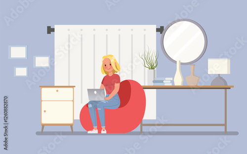 Woman wear red shirt, working from home in a cozy office setting character vector illustration design.