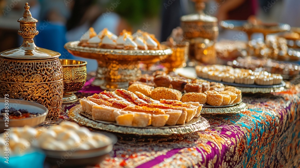 Outdoor dessert buffet, ornate tableware, festive gathering, delicious pastries Outdoor dessert buffet, ornate tableware, festive gathering, delicious pastries