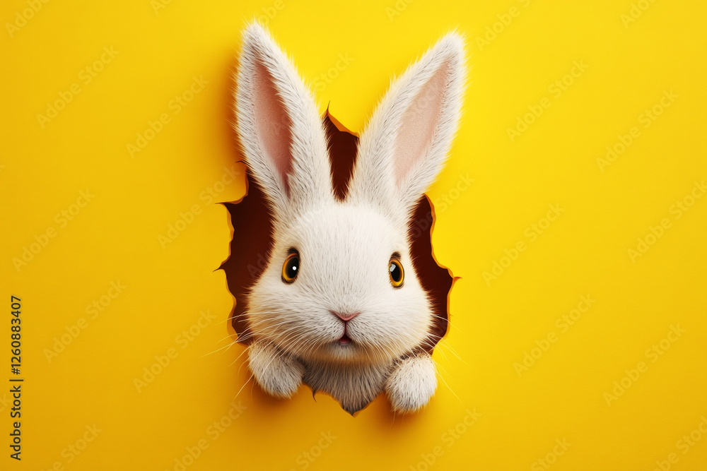Obraz premium An Easter bunny with fluffy ears peeking through a hole in a yellow wall, perfect for a cute, engaging flyer, web design, or Easter banner