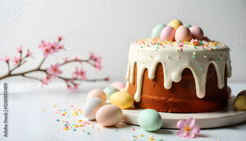 horizontal easter template with easter eggs and easter cake and flowers