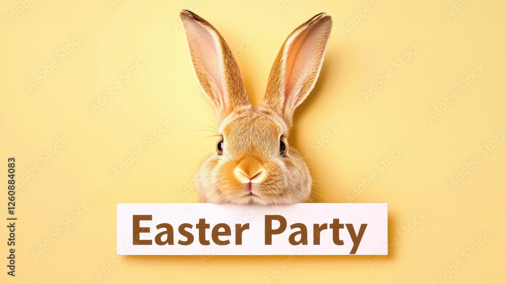 Cute bunny with large ears on a yellow background, featuring an Easter Party invitation theme. Cute bunny with large ears on a yellow background, featuring an Easter Party invitation theme.