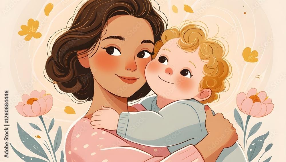 Mother and Child Embrace in a Warm, Sentimental Scene, Heartfelt Moment of Love Between Mother and Daughter, Tender Mother-Child Hug with Floral Background Mother and Child Embrace in a Warm, Sentimental Scene, Heartfelt Moment of Love Between Mother and Daughter, Tender Mother-Child Hug with Floral Background