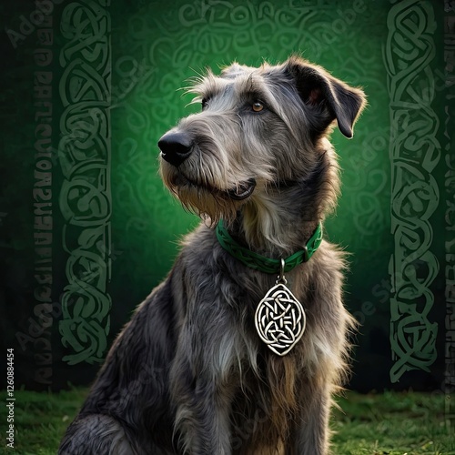 Adorable Irish Wolfhound dressed in shamrocks and green attire, proud, enjoying a joyful St. Patrick’s Day outdoors