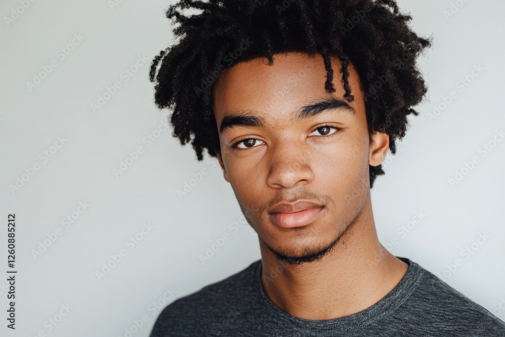 Obraz premium Portrait of a Young Man with Natural Hair Against a Neutral Background