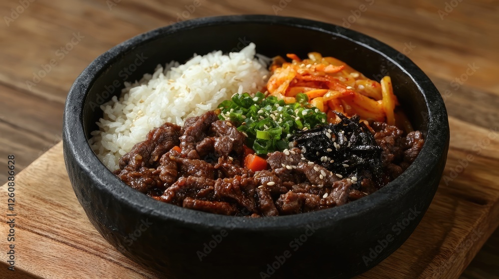 bulgogi with rice on old wooden background, traditional korean beef dish, asian food, top view, copy space bulgogi with rice on old wooden background, traditional korean beef dish, asian food, top view, copy space