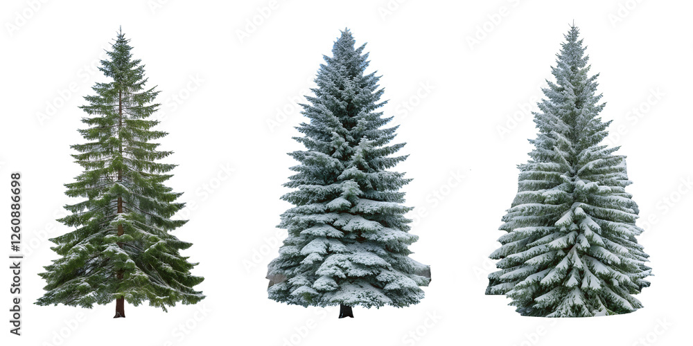 Obraz premium Three Different Views of Snow-Covered Pine Trees in Winter, Captivating Nature Shots, PNG Transparent