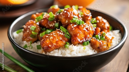 Chinese orange chicken with rice and green onion garnish