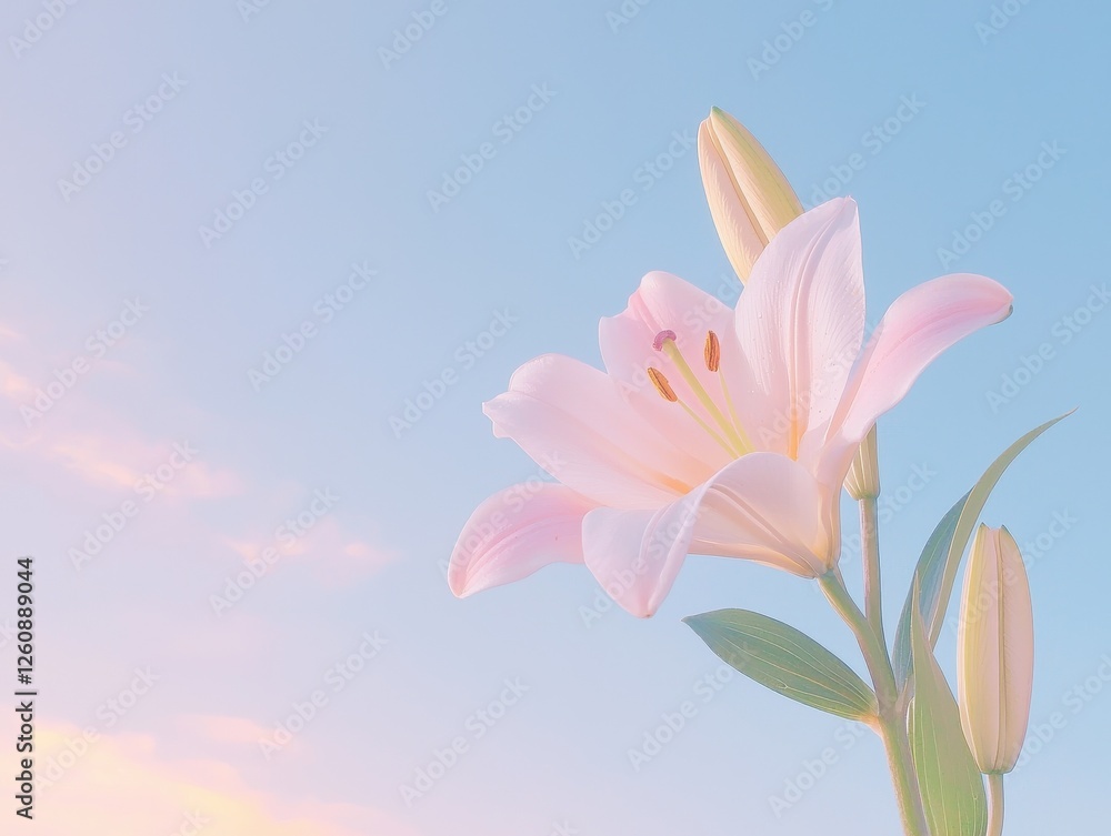 Delicate lily flower blooming in soft sunrise light nature tranquil garden setting Delicate lily flower blooming in soft sunrise light nature tranquil garden setting