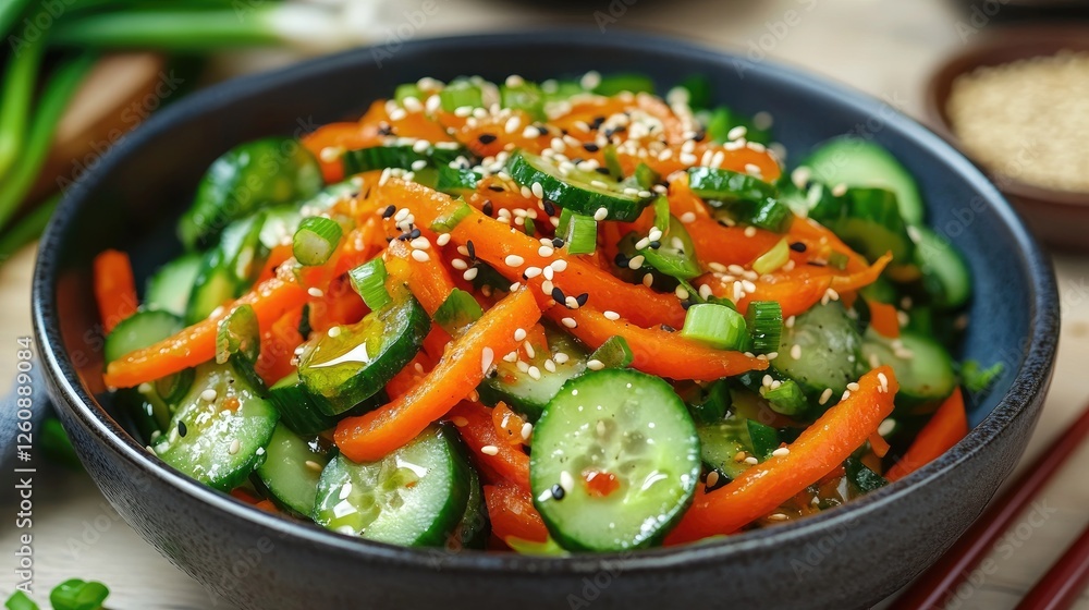 Asian style cucumber and carrots salad with sesame seeds, sweet and sour dressing and spring onions Asian style cucumber and carrots salad with sesame seeds, sweet and sour dressing and spring onions