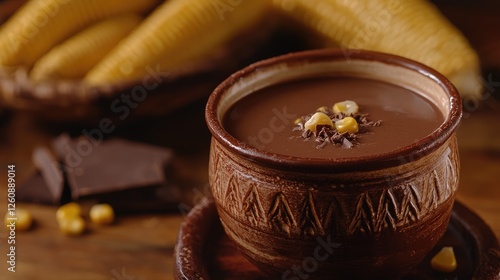 Champurrado, traditional mexican corn drink with chocolate, selective focus photo