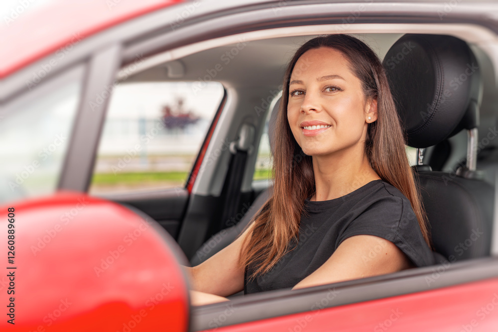 A young woman with long brown hair and a bright smile sits in the drivers seat of a red car, looking outside the open window with a cheerful and confident expression.