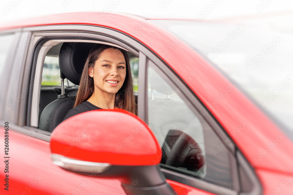 A young woman with long brown hair and a bright smile sits in the drivers seat of a red car, looking outside the open window with a cheerful and confident expression.