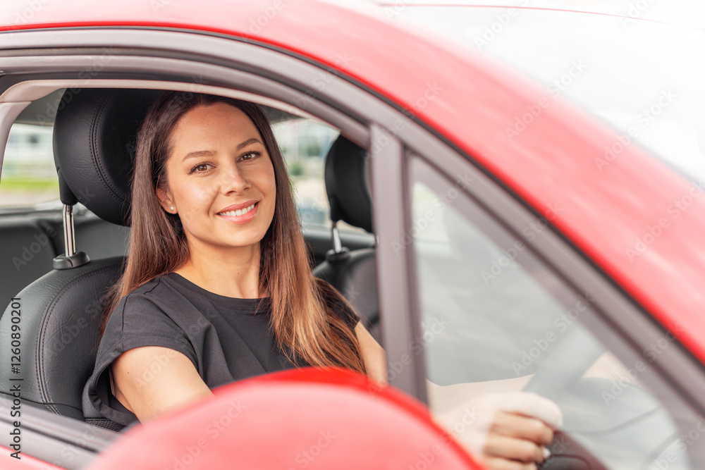 A young beautiful woman with a bright smile and long brown hair sits confidently in the drivers seat of a red car, holding the steering wheel and looking outside with a happy expression.