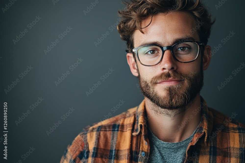Confident Young Man with Glasses and Beard in Casual Flannel Shirt Confident Young Man with Glasses and Beard in Casual Flannel Shirt