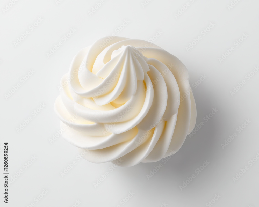 Whipped cream topping with soft swirls on white background, creating light and airy feel. Perfect for desserts and beverages Whipped cream topping with soft swirls on white background, creating light and airy feel. Perfect for desserts and beverages