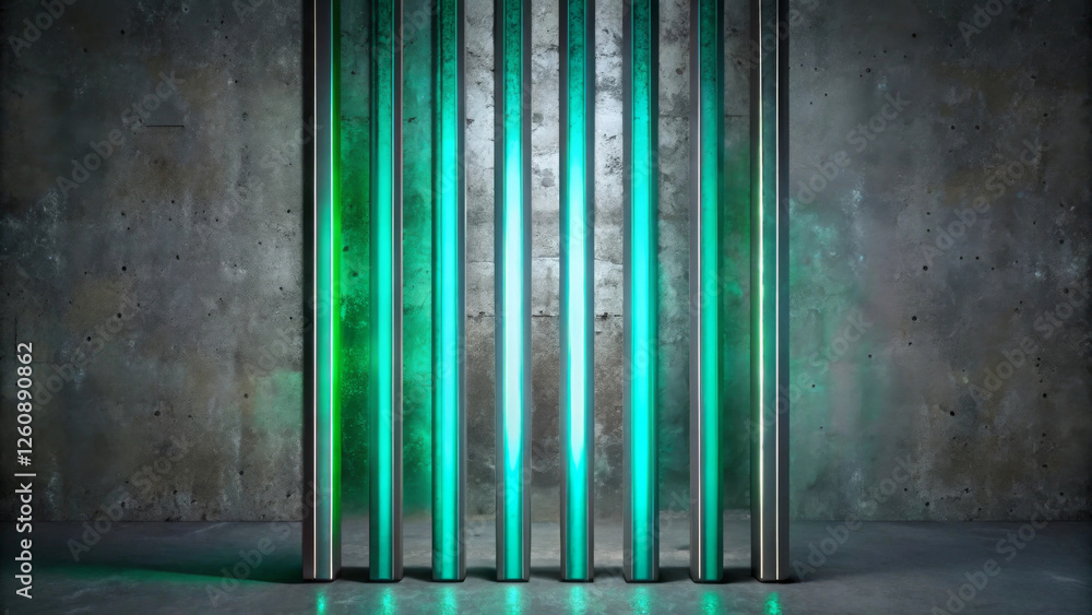 Vertical green lights cast an ethereal glow on the concrete wall, creating a futuristic and industrial feel.The light bars are evenly spaced,enhancing the symmetry and modern aesthetic of the scene.AI Vertical green lights cast an ethereal glow on the concrete wall, creating a futuristic and industrial feel.The light bars are evenly spaced,enhancing the symmetry and modern aesthetic of the scene.AI