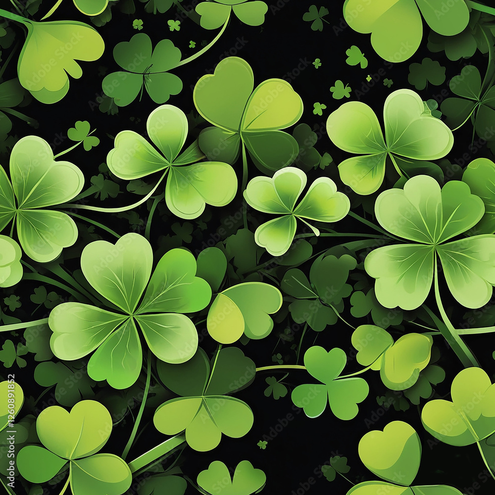 Simple pattern with green shamrocks and leaves on a black background. Illustration for holiday St. Patrick's Day, loopable wallpapper Simple pattern with green shamrocks and leaves on a black background. Illustration for holiday St. Patrick's Day, loopable wallpapper