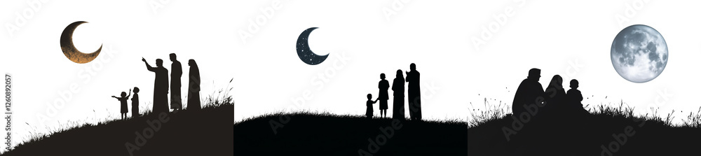 Set of a family watching the moon sighting for Ramadan, isolated on a transparent background. Set of a family watching the moon sighting for Ramadan, isolated on a transparent background.