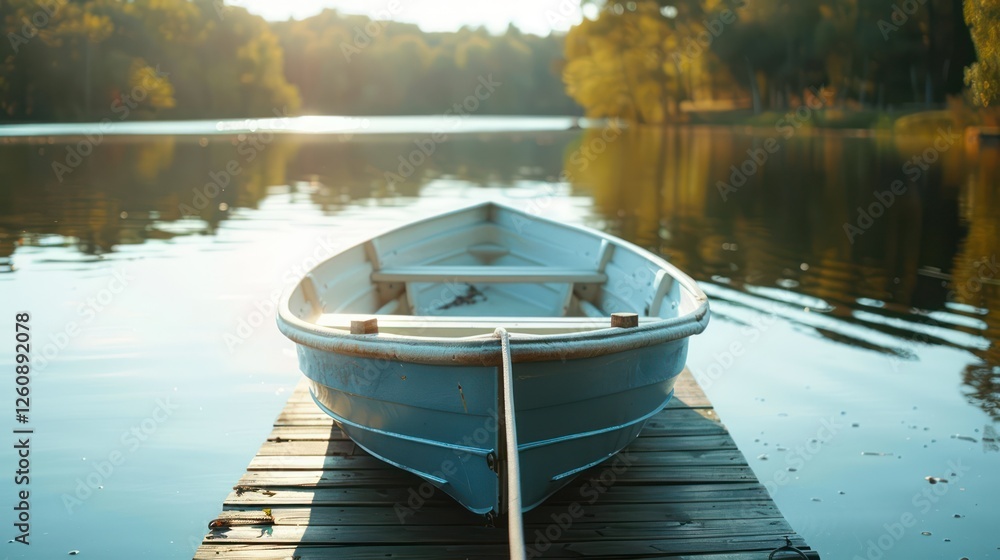 An elegant rowing boat is moored at the pier on a calm lake. An elegant rowing boat is moored at the pier on a calm lake.